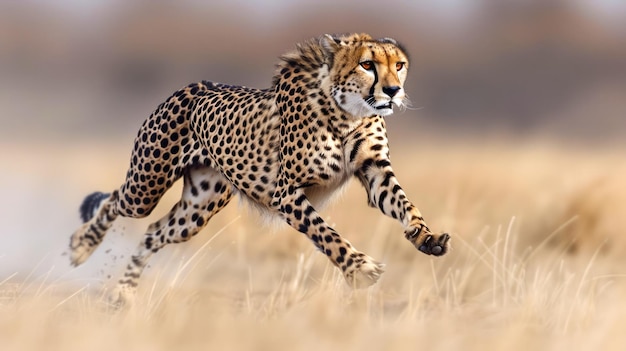 Le majestueux guépard sprintant dans la savane avec un fond flou démontrant sa vitesse et son agilité