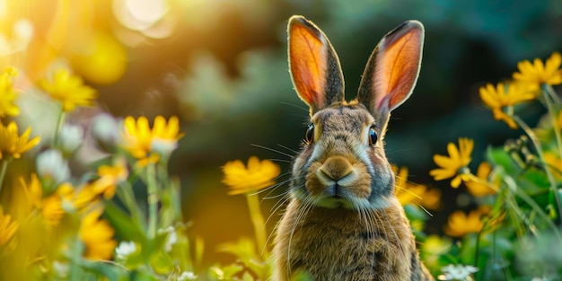 Le majestueux lapin au milieu des fleurs jaunes vibrantes au coucher du soleil