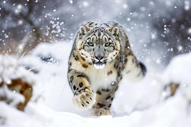 Un majestueux léopard des neiges naviguant gracieusement à travers un paysage hivernal