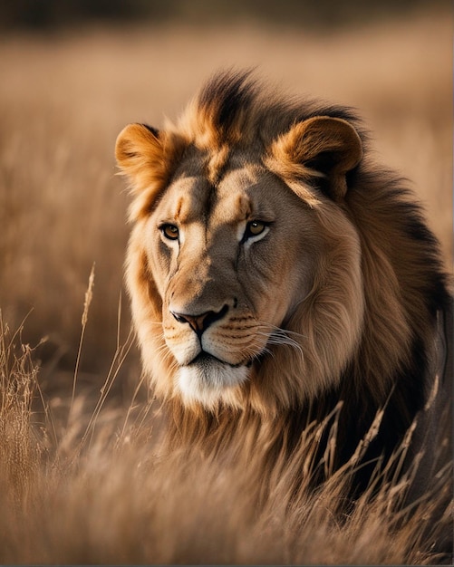 Majestueux lion africain assis entouré de hautes herbes brunes