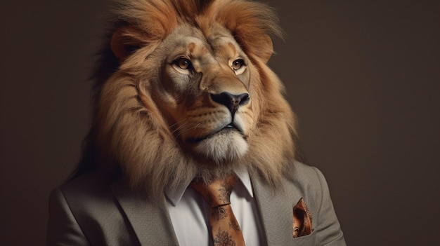 Le majestueux lion de Generative AI assis pour une photo avec un costume et une cravate