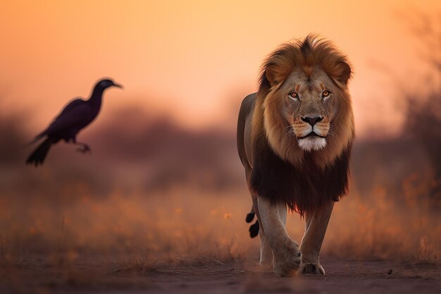 Photo le majestueux lion marche solennellement à travers la savane africaine