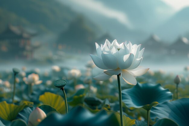 Un majestueux lotus blanc debout dans un cadre traditionnel asiatique brumeux