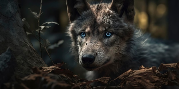 Majestueux louveteau gris aux yeux bleus perçants sur une photo époustouflante AI générative