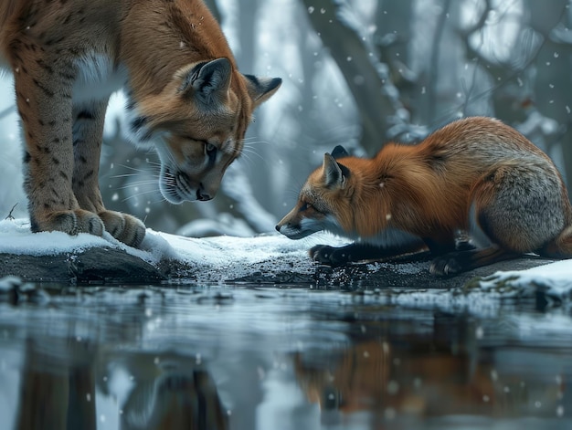 Le majestueux lynx eurasien rencontre le rusé renard rouge dans la forêt enneigée