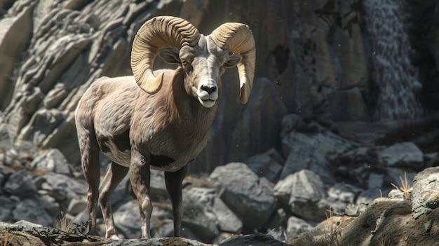 Un majestueux mouton à grandes cornes se tient stoïquement au milieu d'un terrain rocheux