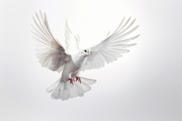 Un majestueux oiseau blanc s'envole dans le ciel avec ses ailes déployées, capturant la beauté de la nature et de la faune. AI Generative