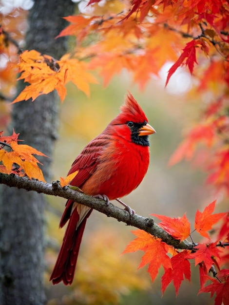 Un majestueux oiseau rouge sur une branche d'arbre