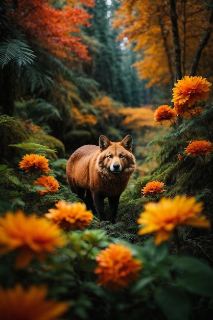 Un majestueux ours brun se promène à travers une forêt fleurie.