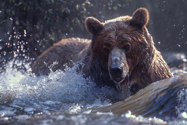 Un majestueux ours grizzli pêchant dans une rivière