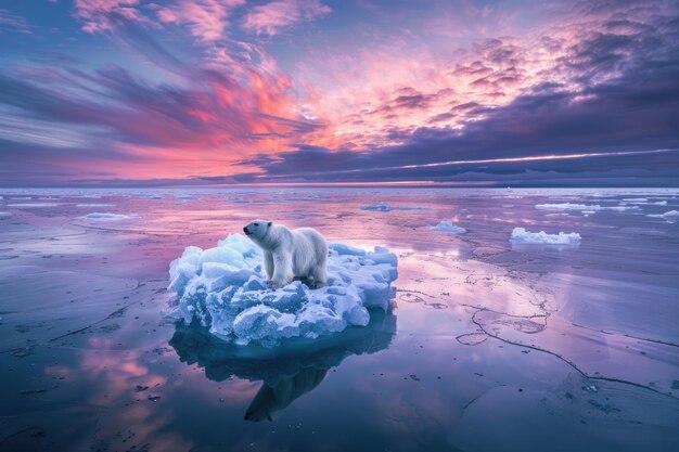 Photo un majestueux ours polaire se tient sur un bloc de glace au crépuscule