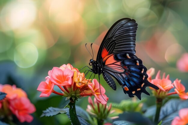 Un majestueux papillon noir et rouge gracieusement perché au sommet d'une fleur vibrante exhalant élégance et charme dans le cadre naturel