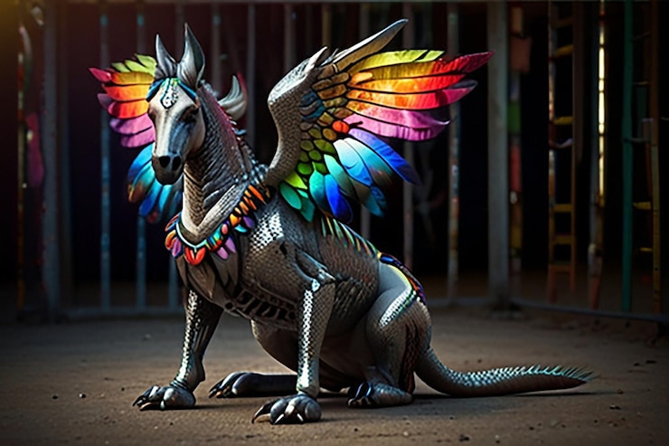 Photo le majestueux pégase avec les ailes de l'arc-en-ciel