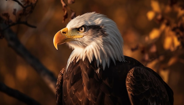 Majestueux pygargue à tête blanche perché sur une branche symbole de la liberté américaine généré par l'IA