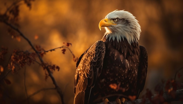 Le majestueux pygargue à tête blanche perché sur une branche symbolisant la liberté générée par l'IA