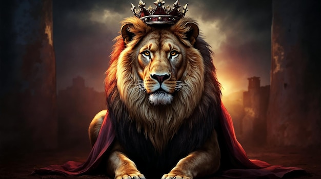 Le majestueux Roi Lion avec couronne et manteau rouge
