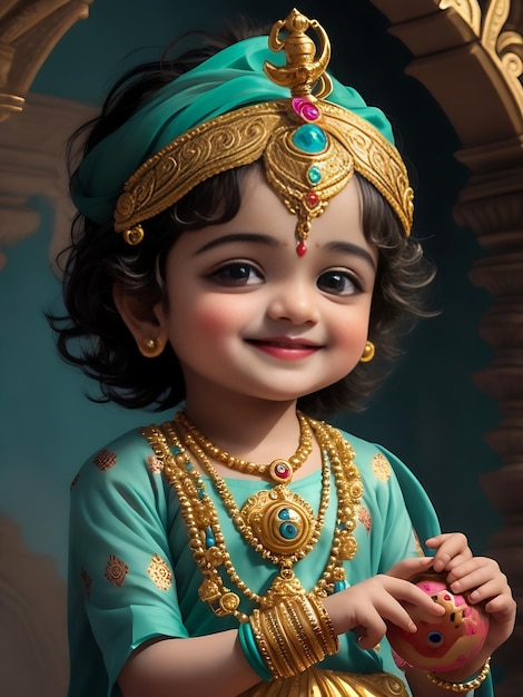 Un majestueux seigneur bébé Krishna joli sourire visage demi-corps portrait teint bleu clair