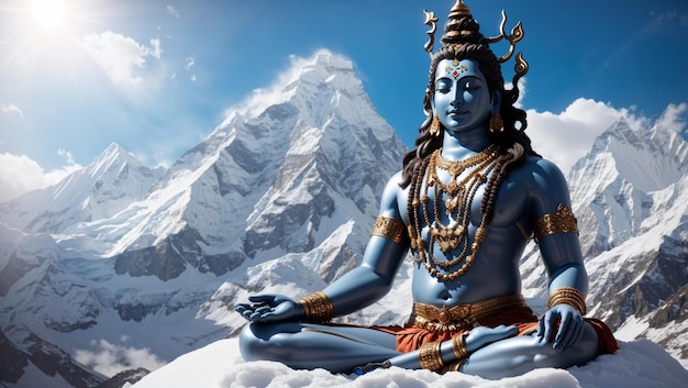 Un majestueux Seigneur Shiva se dresse sur les sommets enneigés de l'Himalaya, son fidèle taureau Nandi