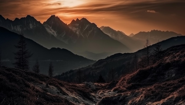 Majestueux sommet de la montagne beauté tranquille du paysage au coucher du soleil généré par l'IA