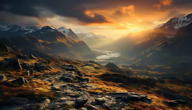 Photo majestueux sommet de montagne coucher de soleil ciel nature tranquille généré par l'ia