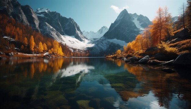 Le majestueux sommet de la montagne se reflète dans l'eau tranquille générée par l'IA