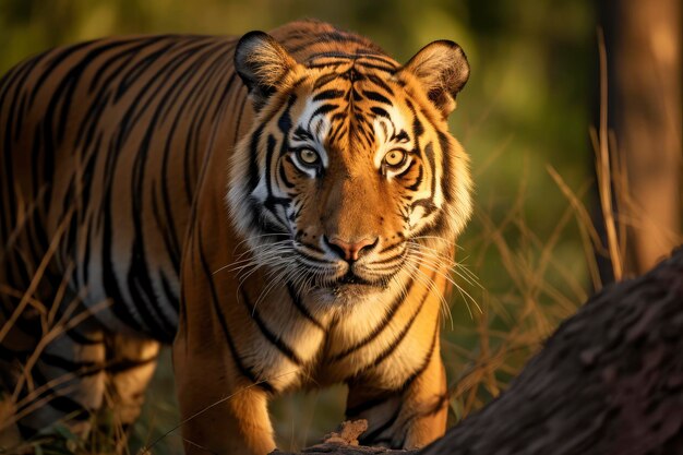 Le majestueux tigre marche dans l'herbe près d'un arbre