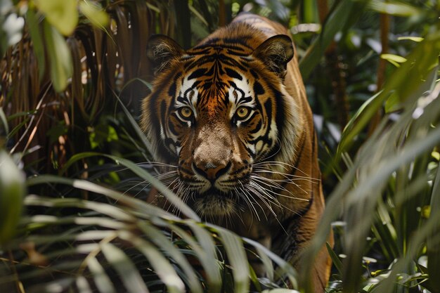 Un majestueux tigre rôdant à travers le sous-sol dense.