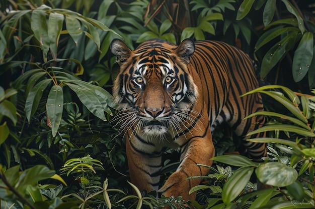 Un majestueux tigre rôdant à travers le sous-sol dense.