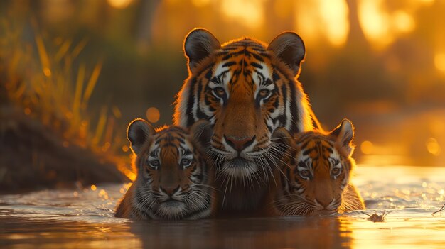 Photo le majestueux tigre et ses petits se réjouissent à la lumière dorée du coucher du soleil