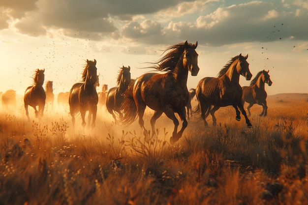 Un majestueux troupeau de chevaux sauvages galopant à travers le plai