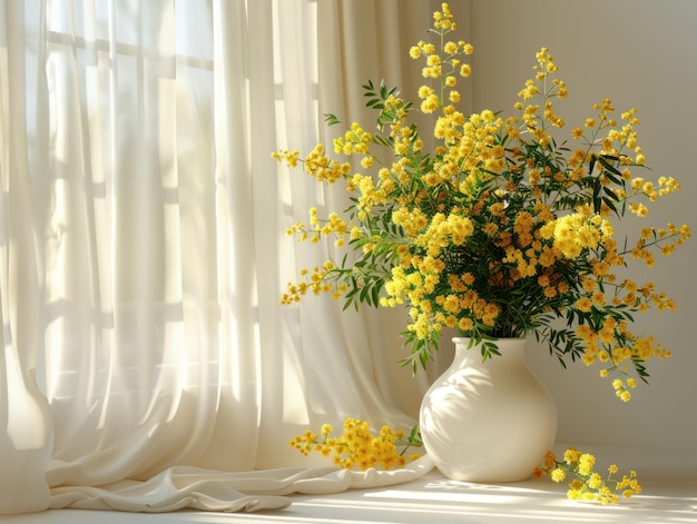 Un majestueux vase blanc de mimose rempli de soleil jaune