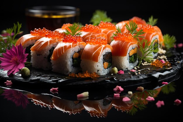 Photo maki sushi flottant sur un fond sombre