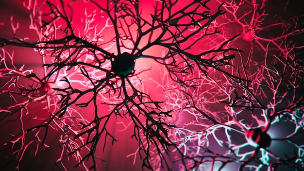 Maladie du système des cellules neuronales Image rendue en 3D du réseau de cellules neuronales sur fond noir Intercon