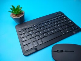 Photo malaisie30 avril 2022 clavier sans fil bluetooth noir et souris sans fil avec plante verte sur fond bois