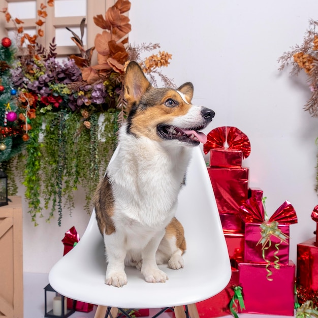 Un mâle corgi pembroke gallois photoshoot studio de photographie pour animaux de compagnie arrière-plan thème de noël robe et décoration