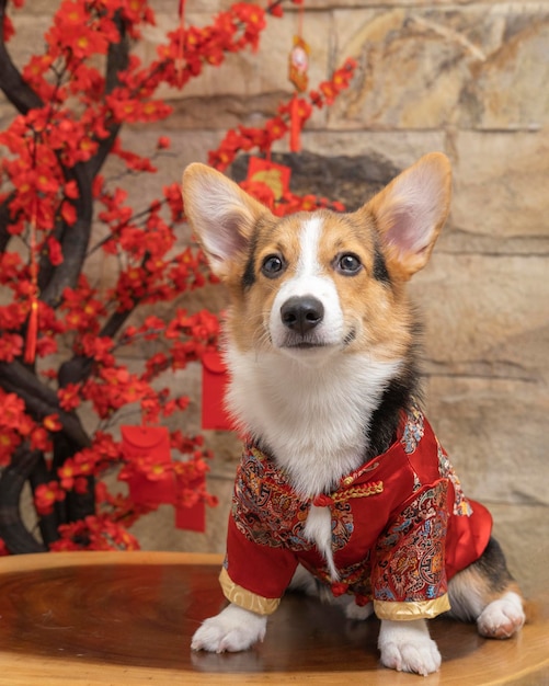 Un mâle corgi pembroke welsh photoshoot studio de photographie pour animaux de compagnie isolé avec fond bleu robe et décoration à thème de noël