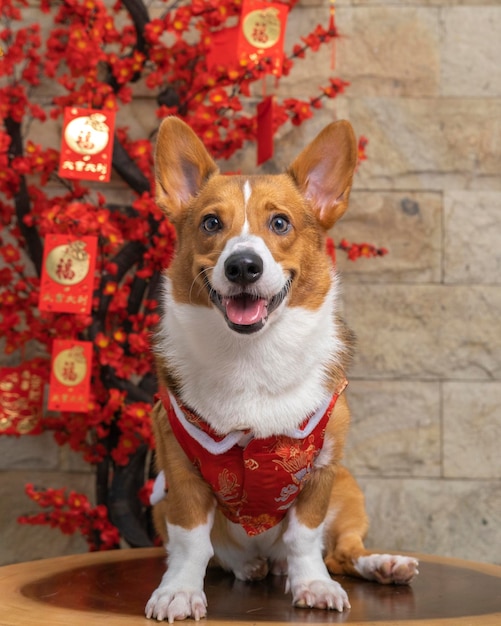 Un mâle corgi pembroke welsh photoshoot studio de photographie pour animaux de compagnie isolé avec fond bleu robe et décoration à thème de noël