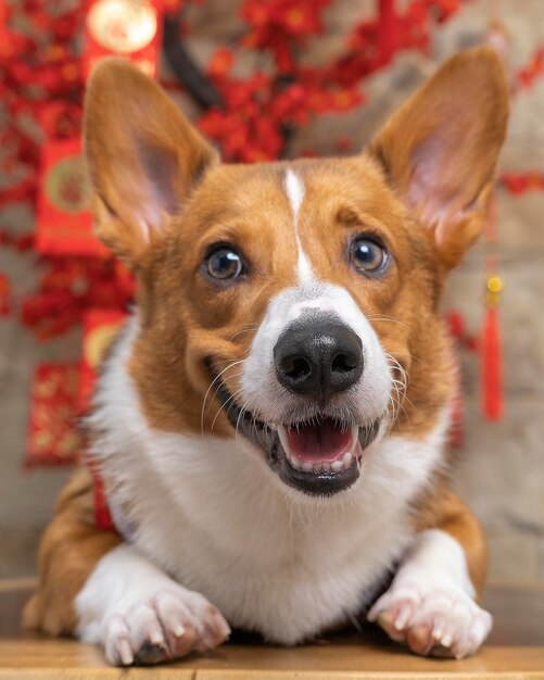 Un mâle corgi pembroke welsh photoshoot studio de photographie pour animaux de compagnie isolé avec fond bleu robe et décoration à thème de noël