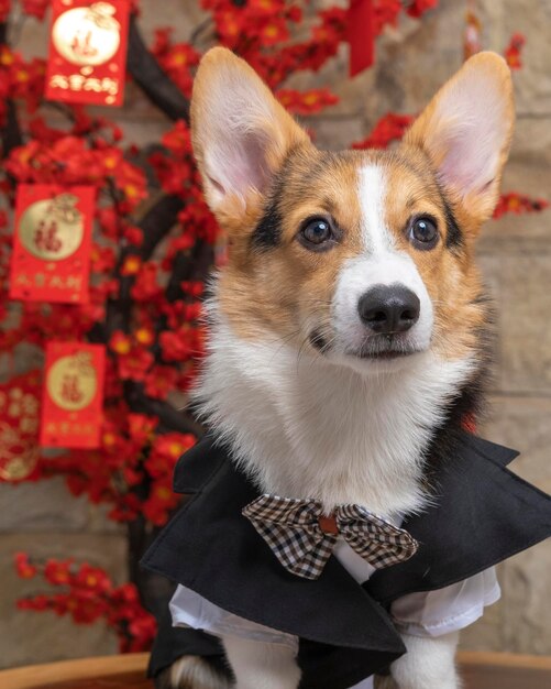 Un mâle corgi pembroke welsh photoshoot studio de photographie pour animaux de compagnie isolé avec fond bleu robe et décoration à thème de noël