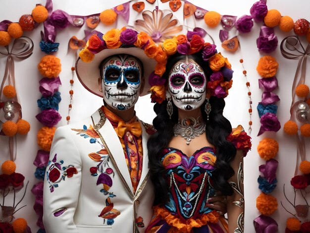 Un mâle et une femelle ornés d'un maquillage et de costumes élaborés pour le Dia de Muertos