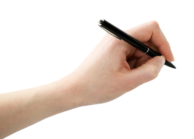 Mâle main avec stylo isolé sur blanc
