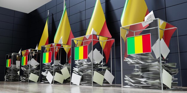 Mali plusieurs urnes et drapeaux votant le concept d'élection illustration 3D