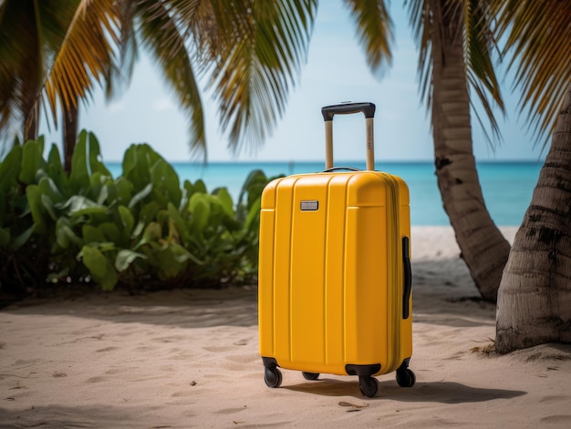 Malle jaune pour les voyages touristiques sur la plage avec des palmiers