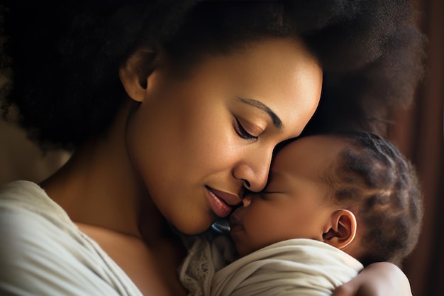 Maman amoureuse afro-américaine avec bébé dans les bras couvrant tendresse et affection partageant belle