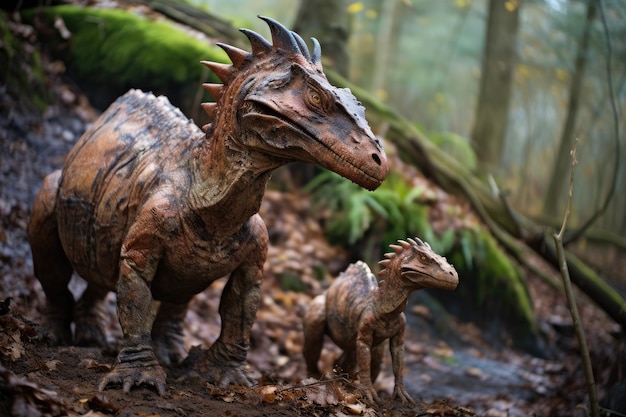 Maman et le bébé dinosaure dans les bois