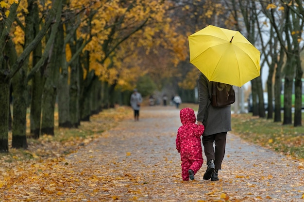 Maman et bébé marchent sous un parapluie le long de l'allée du parc d'automne. Vue arrière