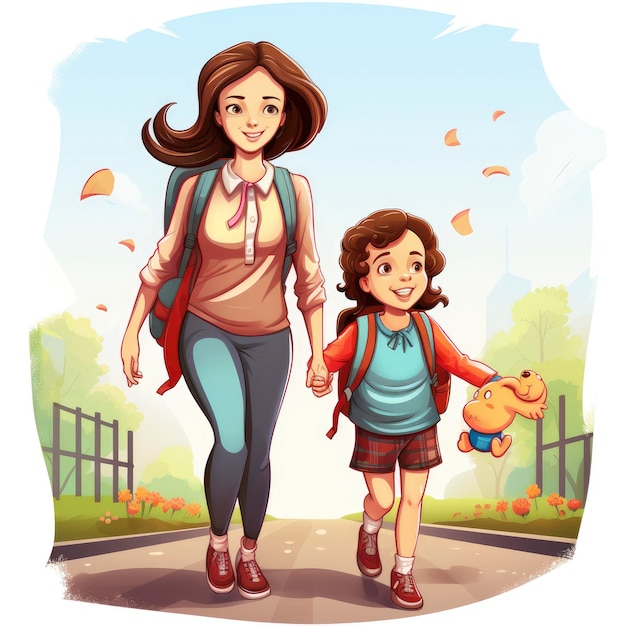 Maman et bébé vont à la maternelle Clipart