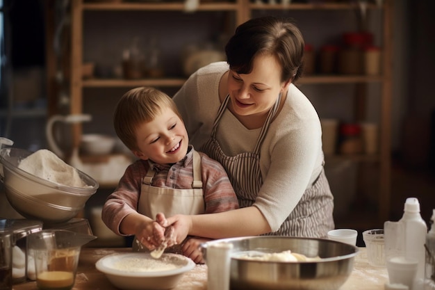 Maman cuisine avec son fils trisomique dans la cuisine générative ai