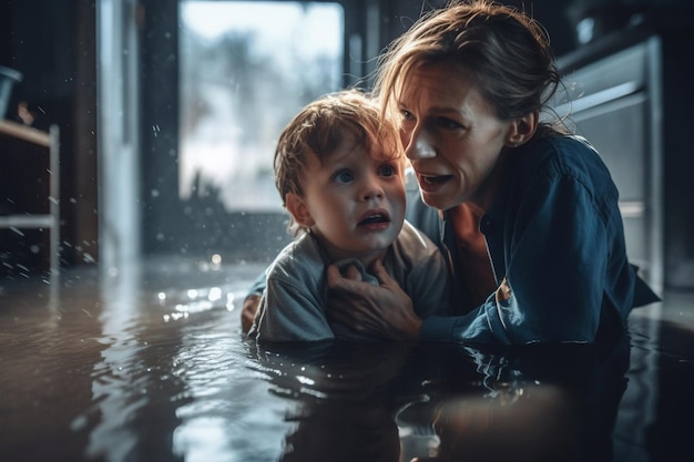 Photo maman effrayée protégeant son fils des inondations generative ai