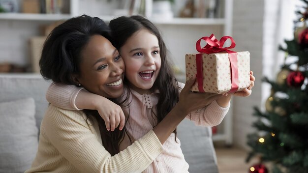 Maman embrasse une fille pour un cadeau